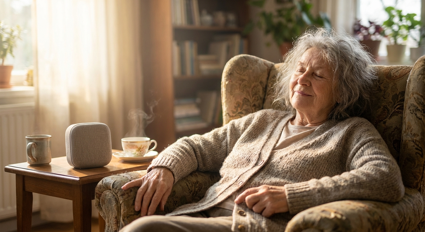 Personne âgée écoutant de la musique dans un fauteuil, les yeux fermés, souriant doucement