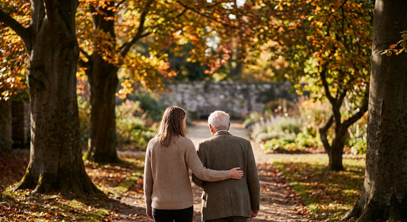 Deux personnes marchant bras dessus bras dessous dans un jardin fleuri