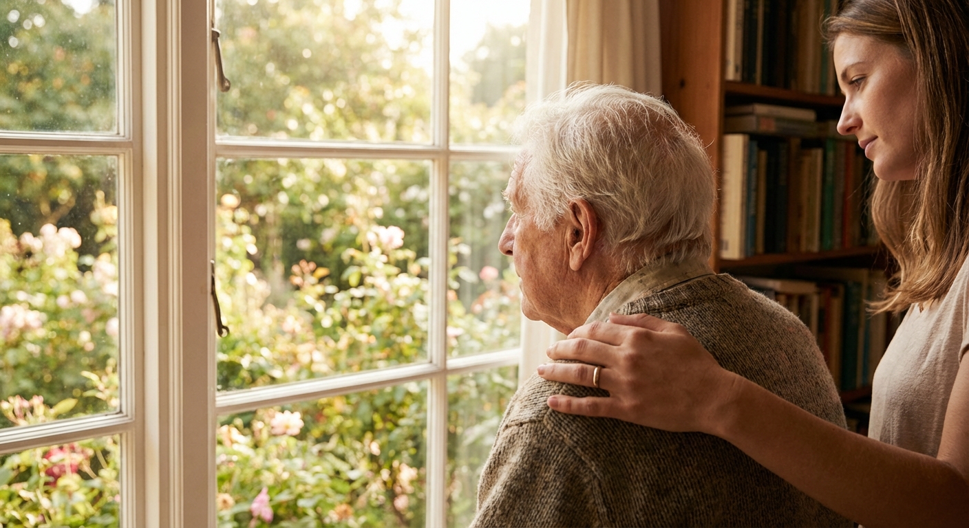 Main posée sur l'épaule d'une personne âgée regardant par la fenêtre