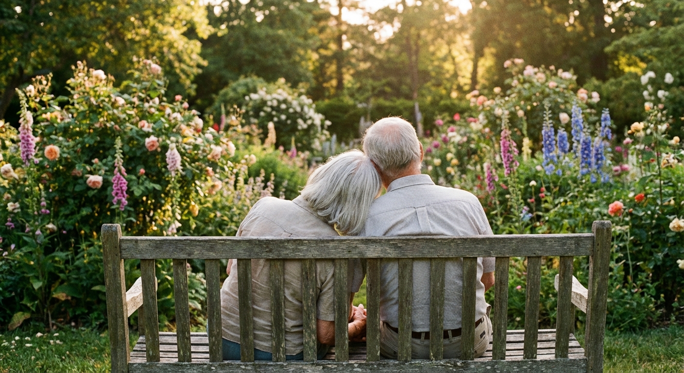 Deux personnes assises côte à côte sur un banc dans un jardin